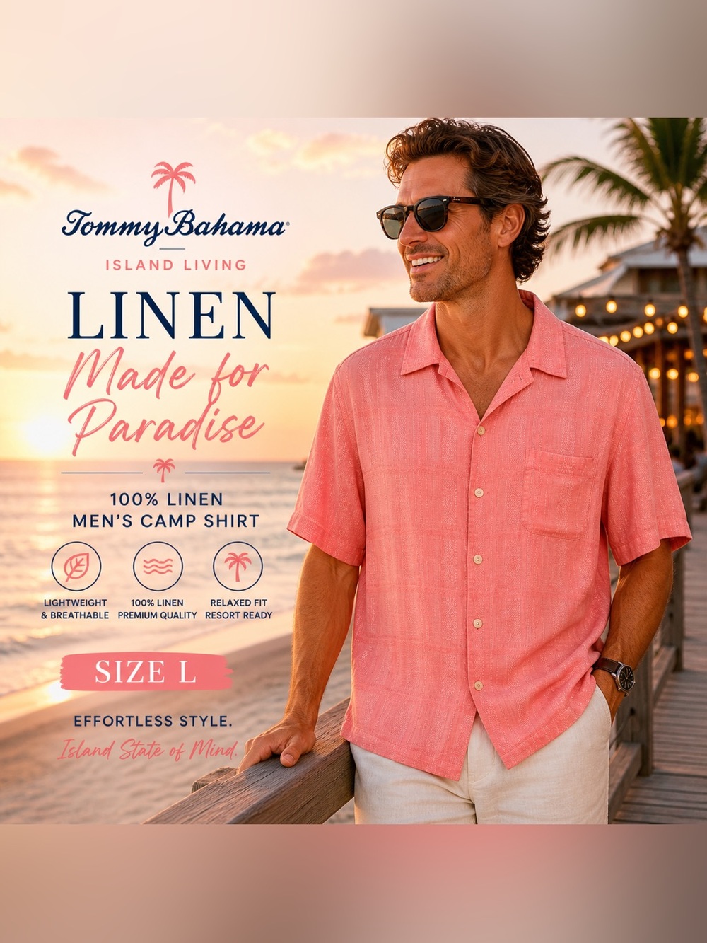 Tommy Bahama 100% Linen Camp Shirt Men’s Large Coral‎ Pink Island Resort Coastal